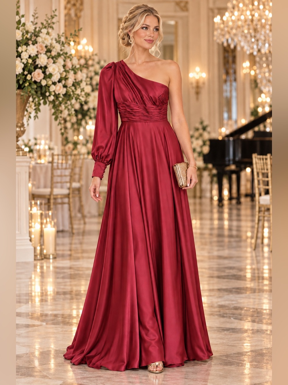 Mac Duggal NWT Size 2 Burgundy One Shoulder Long Sleeve Satin Gown Dress